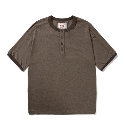 Men's American Retro T-shirt Heavyweight Loose Fit Short Sleeve Henry Collar Neutral Design Casual Loose Shirt