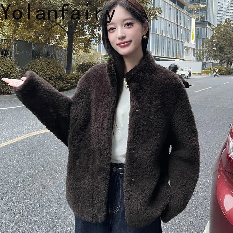 YOLANFAIRY 100% Genuine Leather Jacket Women Warm Natural Fur Coat Woman Winter Short Real Lamb White Fur Coats Jaqueta Feminina