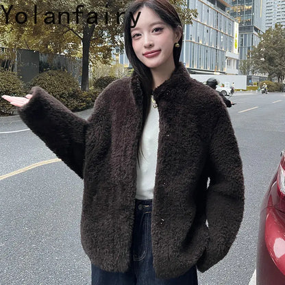 YOLANFAIRY 100% Genuine Leather Jacket Women Warm Natural Fur Coat Woman Winter Short Real Lamb White Fur Coats Jaqueta Feminina