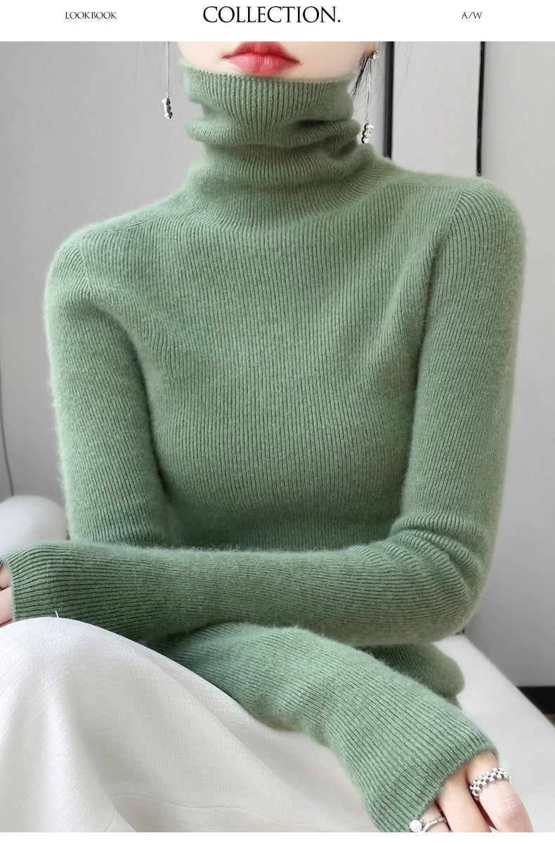 100% Merino Wool Long-sleeved Turtleneck Pullover Women's Autumn Winter Slim Sweater Basic Women's Clothes Cashmere Sweater