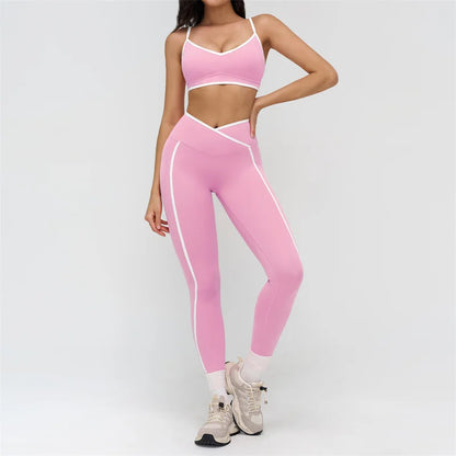 TRY TO BN Gym Set Sport Bra Women's Tracksuit Fitness Contrasting Color High Waist Leggings Two Pieces Suit Running Yoga Clothes