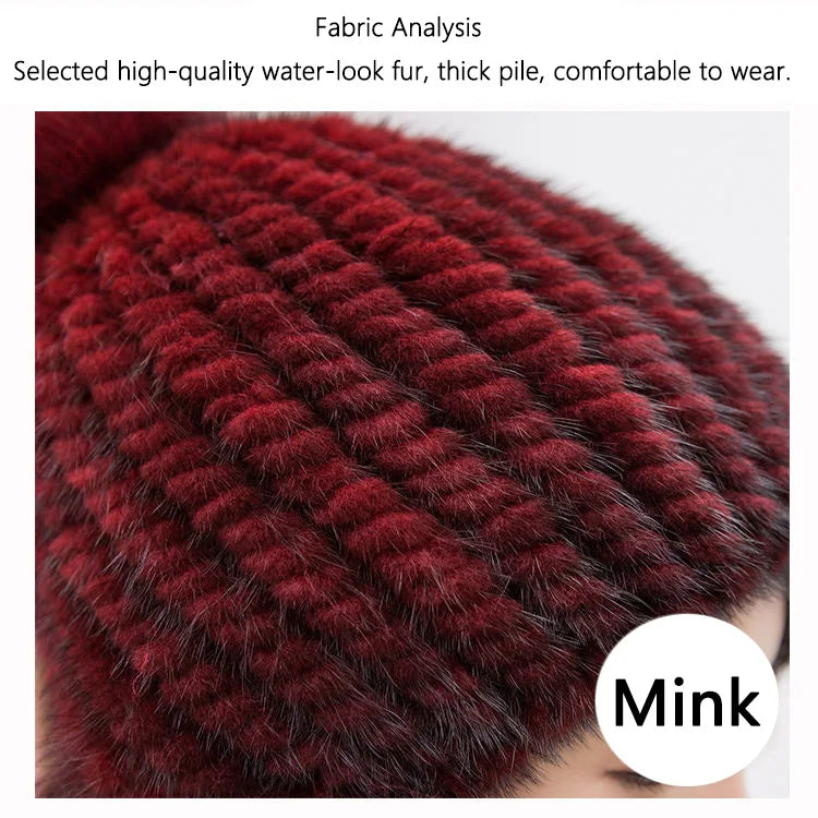 Fashion Women Real mink hat Winter warm mink fur knit hats Women fox fur ball cap