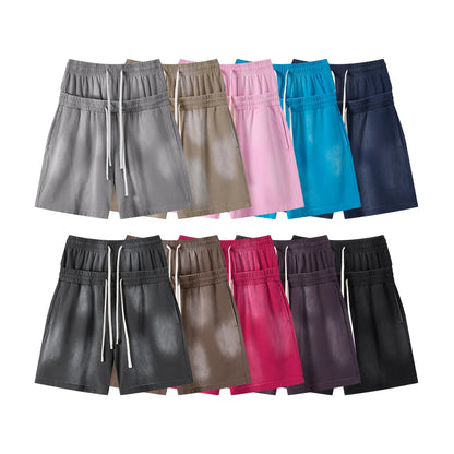 Custom LOGO men's 320G heavy 100% washed and old double waist high waist medium pants loose casual sports five-point shorts