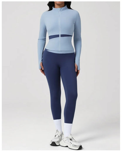 New Women's Color-Block Yoga Outfit Set Back Beauty Fitness Tank Top Long Sleeve Coat Hip-Lifting Leggings Running Fitness Set