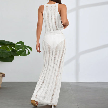 New Sleeveless Crochet Knitted 2 Pieces Suits Tunic Beach Cover Up Cover-ups Beach Dress Beach Wear Beachwear Female Women V6717