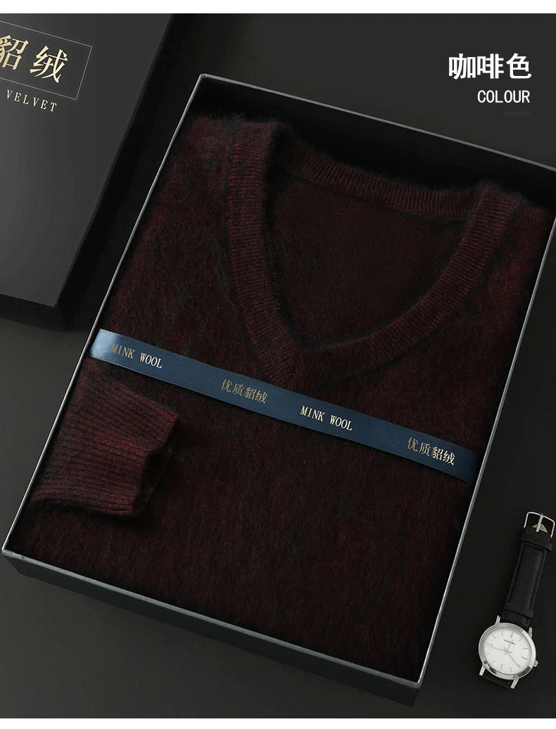 100% Pure Mink Cashmere Sweater Men's V-Neck Pullovers Knit Large Size Mink Sweater Winter New Long Sleeve High-End Jumpers Tops