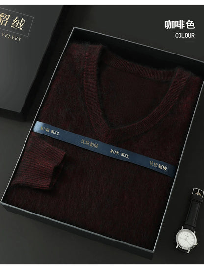 100% Pure Mink Cashmere Sweater Men's V-Neck Pullovers Knit Large Size Mink Sweater Winter New Long Sleeve High-End Jumpers Tops