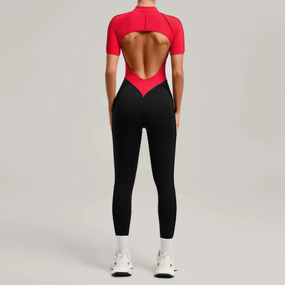 SOISOU Zipper Jumpsuit Women Nylon Clothing Sportswear Woman Gym Yoga Sport Sets Short Sleeve Workout Sets Women Tracksuit
