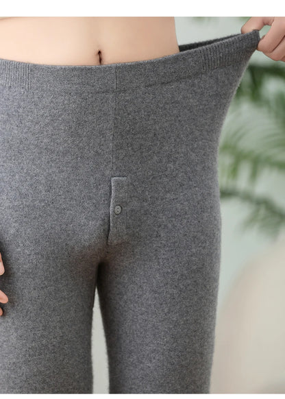 100% Cashmere Knit Leggings Men Winter Wearing Thermal Underwear High Waist Trousers Solid Thicken Elasticity Ankle-Length Pants