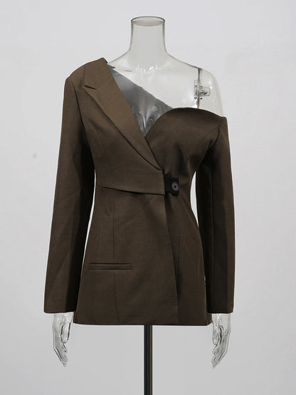 TWOTWINSTYLE Solid Spliced Pockets Slimming Jackets For Women Irregular Neck Backless Tunic Temperament Coat Female Fashion New