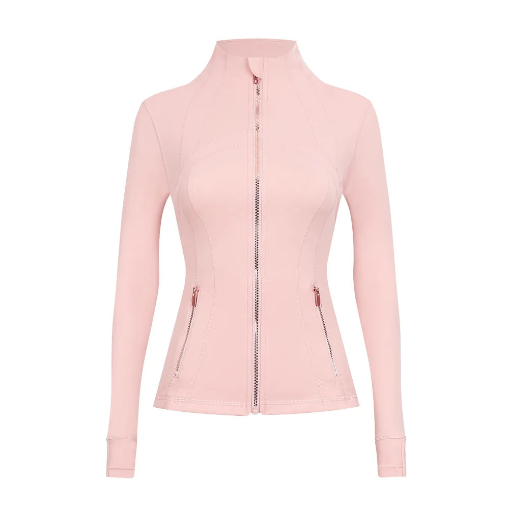 Personalized LOGO custom women's gold zip jacket tight stand-up collar quick-drying fitness running yoga suit 41-color S-3XL top