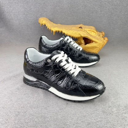 2026 new authentic crocodile leather men's black sneakers real crocodile leather men's soft lace-up casual shoes