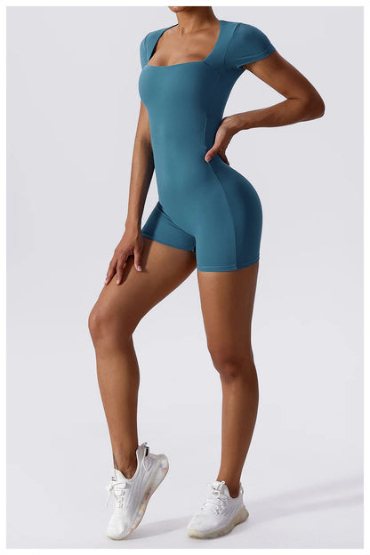 Summer Yoga Suit Women's Short One Piece Sports Suit Short Sleeve Gym Clothes Push Up Training Fitness Yoga Bodysuit Sportswear