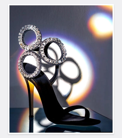 2024 New Dress Wedding Shoes with One Word Water Diamond Fine Heel Roman Women's Sandals