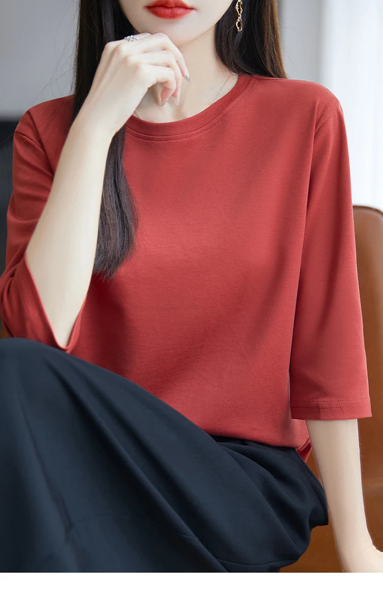 Spring And Summer New White Mercerized Cotton Short Sleeve T-Shirt Feminine Joker Cotton Cropped Sleeve Bottoming Shirt