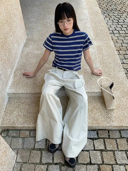 DEAT Fashion Pleated High Waisted Wide Leg Pants Women's Front Seam Straight Leg Beige Loose Trousers Summer New 7A4548