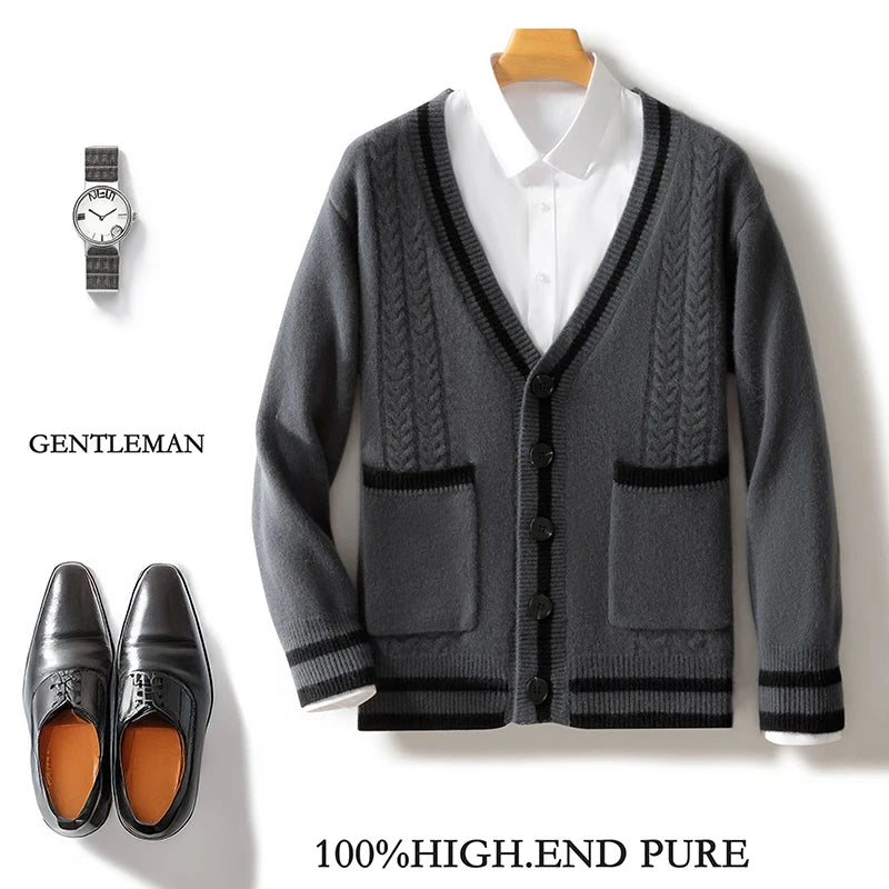 100% Merino Wool Color-Blocked Double Pocket Knit Cardigan Cashmere Soft Long Sleeves Basic Comfortable Men's  Clothing Top