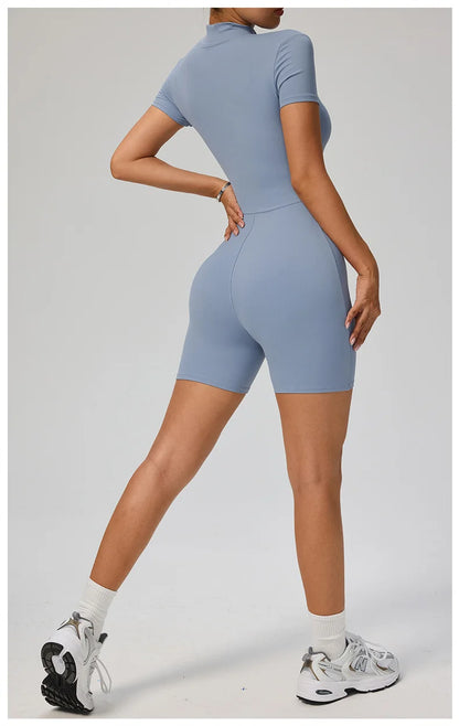 TRY TO BN Sports Jumpsuit Zipper Short Sleeves Yoga Sportswear Fitness Workout Bodysuit One Piece Suits Tights Gym Woman Clothes