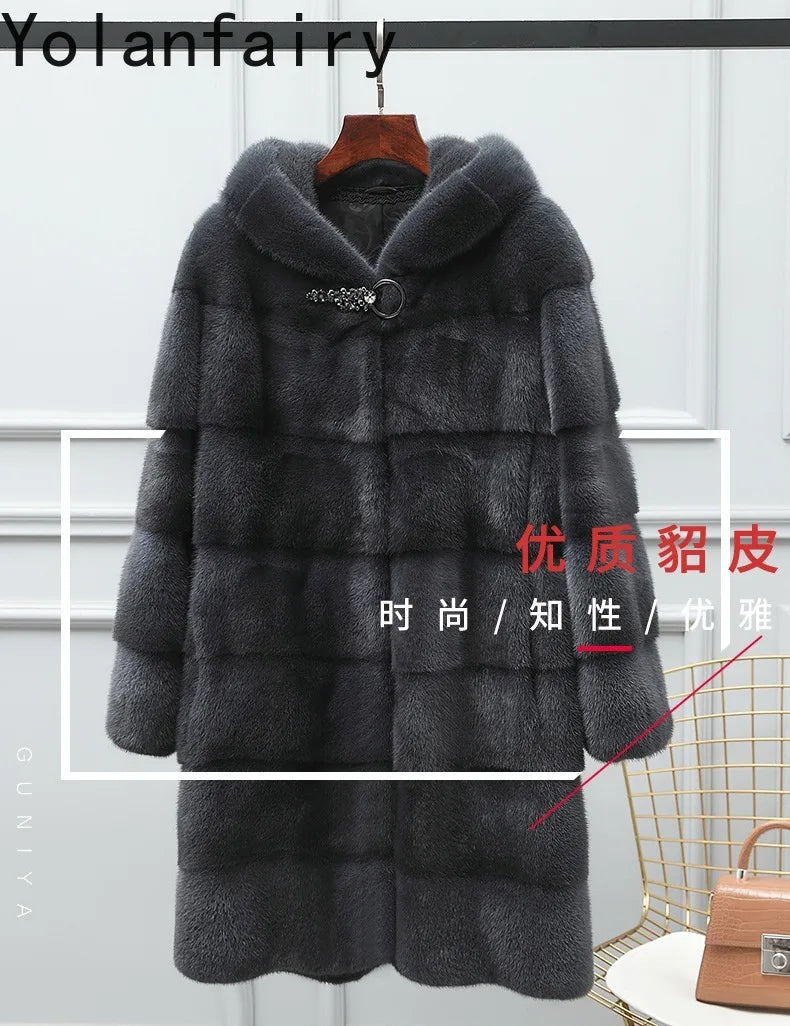 YOLANFAIRY Real Fur Coat Women Winter High Quality Mink Fur Jackets for Women Mid-length Natural Fur Coats Black Mink Jacket