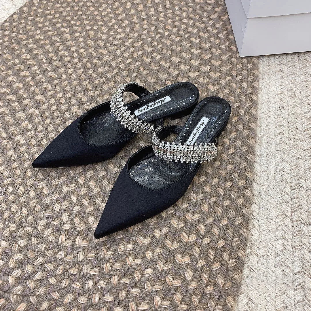 Women's 2022 Pump Summer New Rhinestone Chain Slippers High Heels Stiletto Pointed Shallow Mouth Silk Sandals Outer Wear