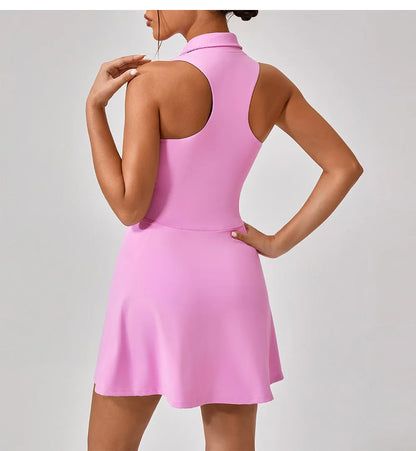 Women's Tennis Dress Women Turn Down Collar Front Zipper 2-in-1 Golf Sports Tight Dress Fitness Workout Running Pocket Skort