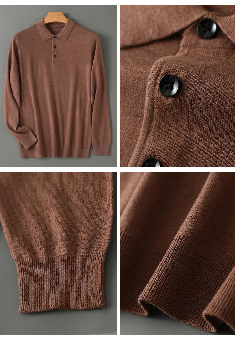 Men's Merino Wool Sweater Polo Collar Pullover Autumn Winter New Cashmere Knitwear Casual Loose Men's Shirts Tops Warm Soft
