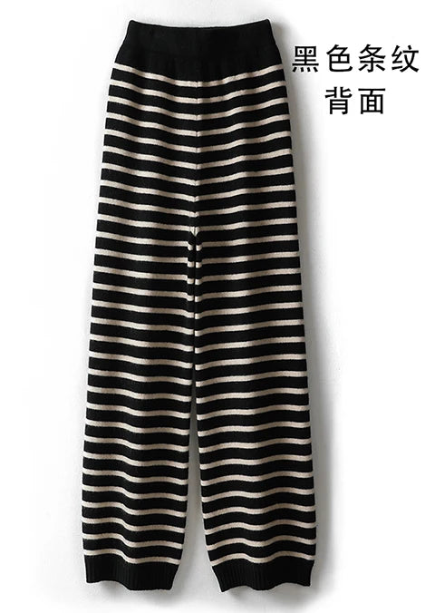 Women's Spring and Autumn 100% Merino Wool 90 Count Knitted Striped Wide Leg Pants