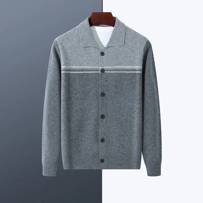 100% Merino Wool Men's Lapel Collar Knit Cardigan Coat 2025 Spring/ Autumn New POLO Neck Business Casual Cashmere Jacket Sweater