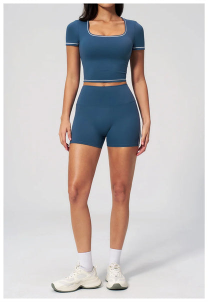 TRY TO BN 2 Pieces Women's Tracksuit Yoga Short Sleeves Top Sets High Waist Shorts Contrasting Color Running Fitness Gym Clothes