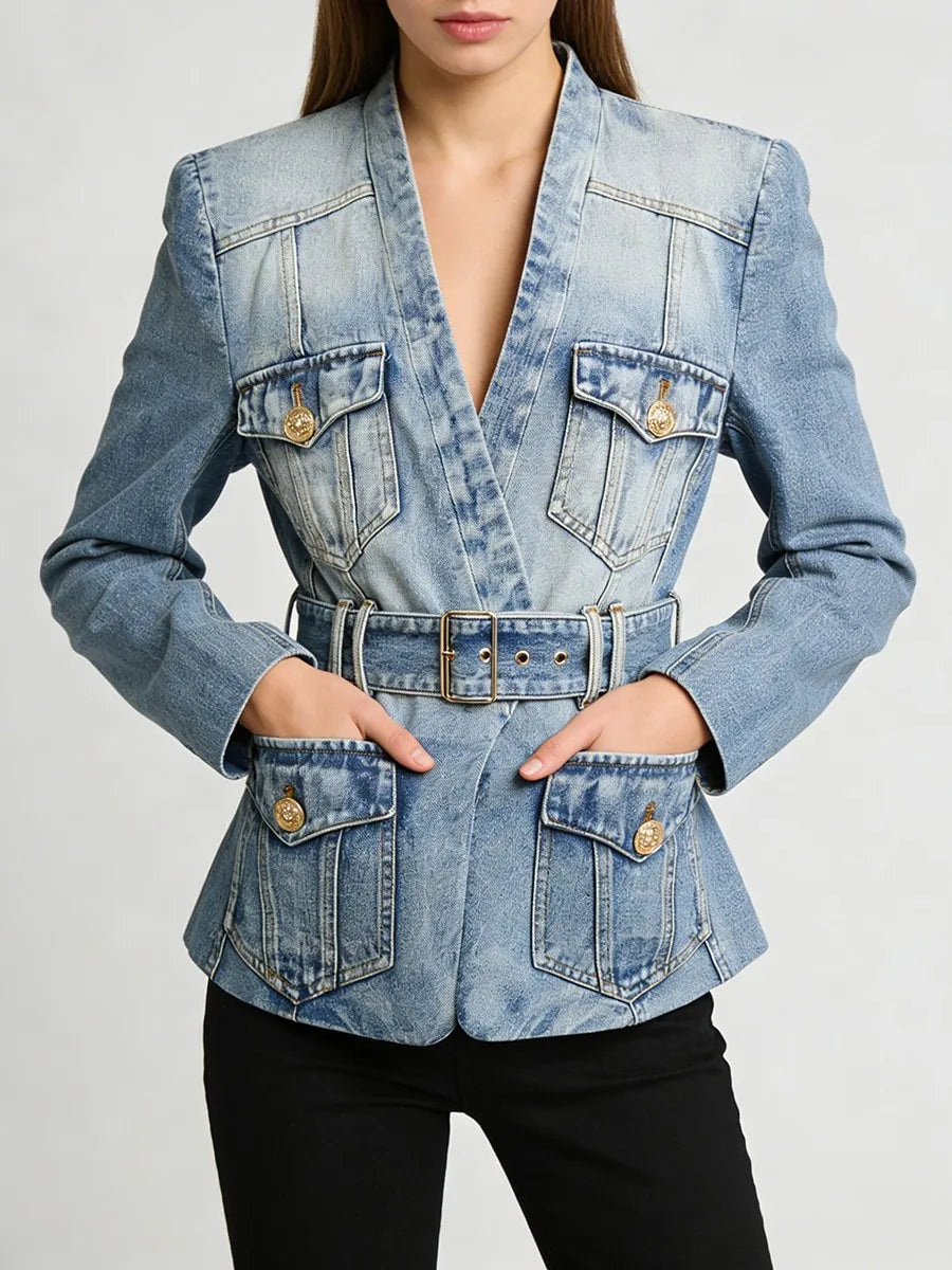 TWOTWINSTYLE Fashion Slimming Spliced Pockets Cowboy Jackets for Women V Neck Long Sleeve Tunic Patchwork Belt Jacket Female New