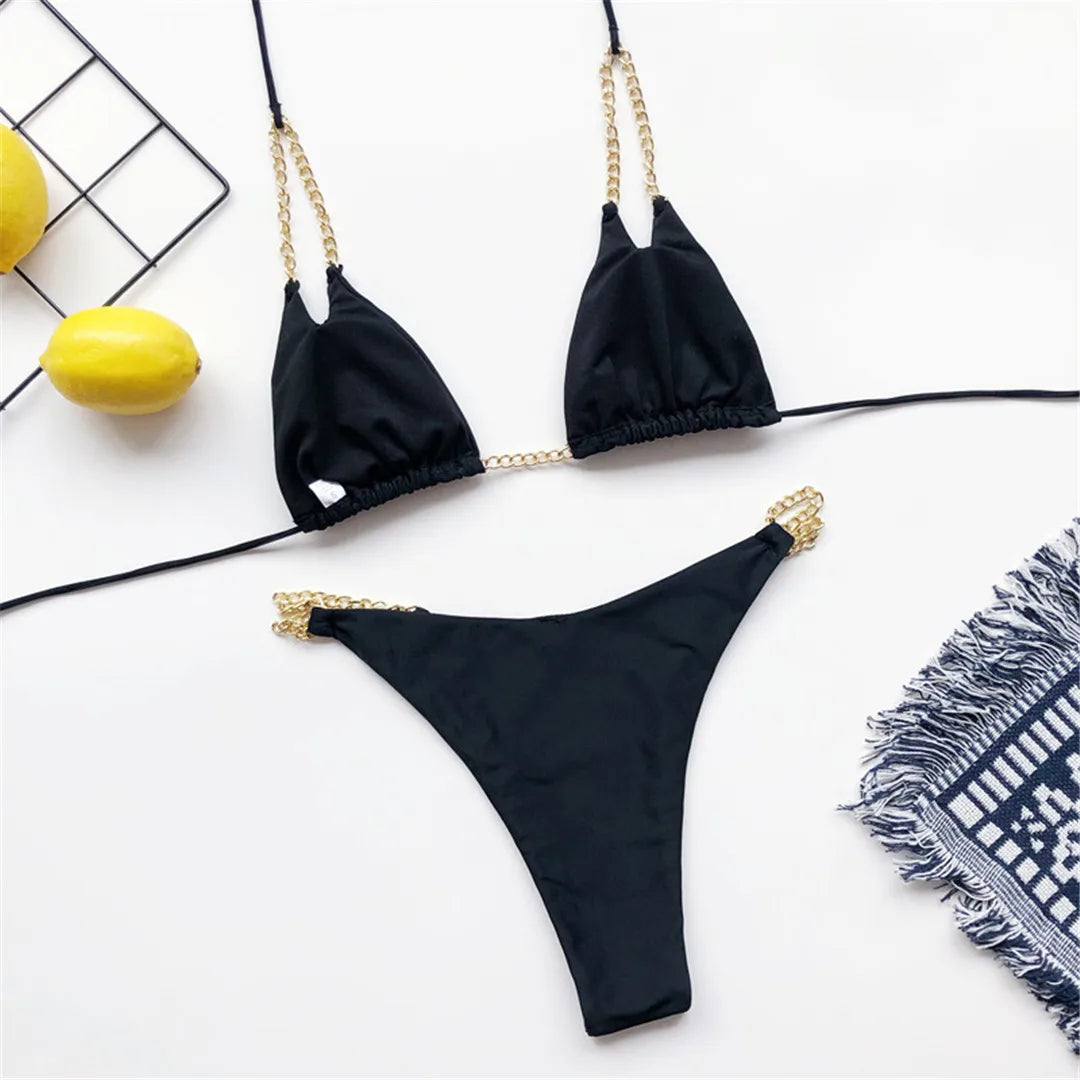 7 Colors Sexy Halter Bikini Female Swimsuit Women Swimwear Two-pieces Bikini set Metal Chain Bather Bathing Suit Swim Lady V2362