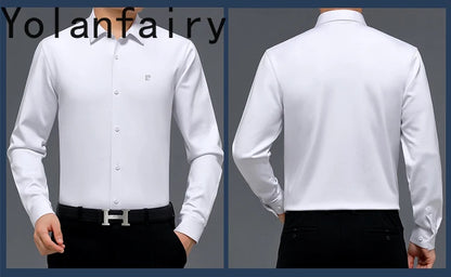 YOLANFAIRY 100% Mulberry Silk Long Sleeve Shirt Man Spring Autumn Casual Silk Mens Shirts Warm Male White Shirt chemises hommes