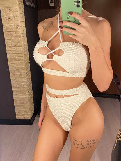 Halter Cut Out Wrinkled Female Swimsuit High Waist Bikini Women Swimwear Two-pieces Bikini set Bather Bathing Suit Swim V4978