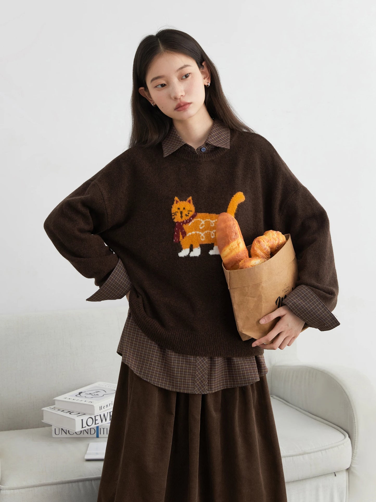 CHIC VEN New Women Sweaters Loose Casual O Neck Cartoon Cat Female Knitted Jumpers Pullovers for Girl Autumn Winter 2025