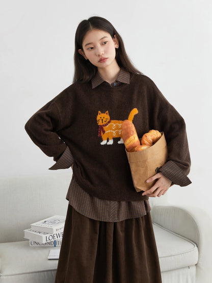 CHIC VEN New Women Sweaters Loose Casual O Neck Cartoon Cat Female Knitted Jumpers Pullovers for Girl Autumn Winter 2025