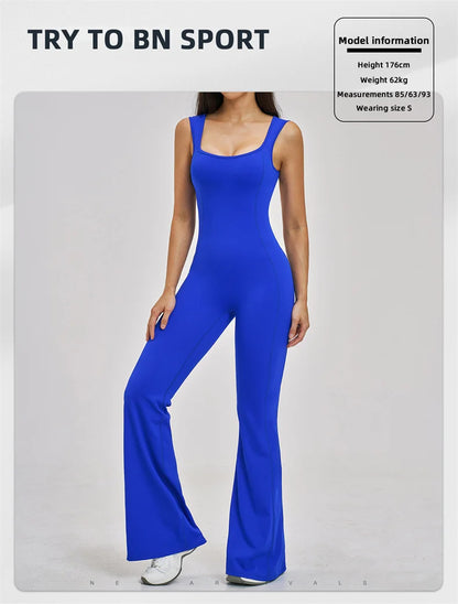 TRY TO BN Women Yoga Jumpsuit Beautiful Back High Strength Fitness Workout Bodysuit One Piece Sportswear Flare Pants Gym Clothes