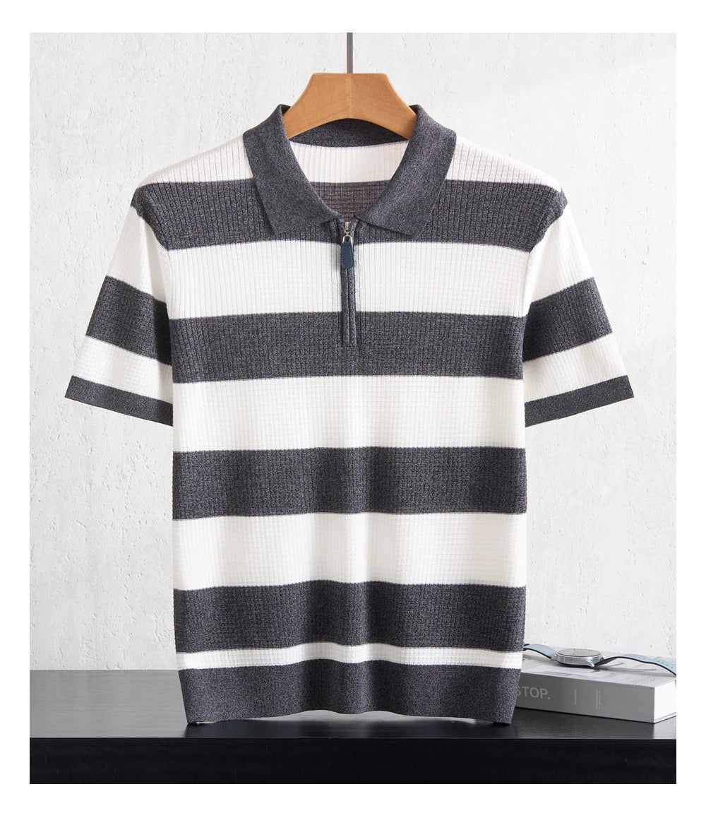 Men's 100% Lyocell POLO Collar Striped T-Shirt Knit Pullover Summer New Bussiness Casual Half-zip Short-sleeved Jumper Menswear