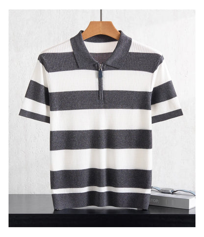 Men's 100% Lyocell POLO Collar Striped T-Shirt Knit Pullover Summer New Bussiness Casual Half-zip Short-sleeved Jumper Menswear