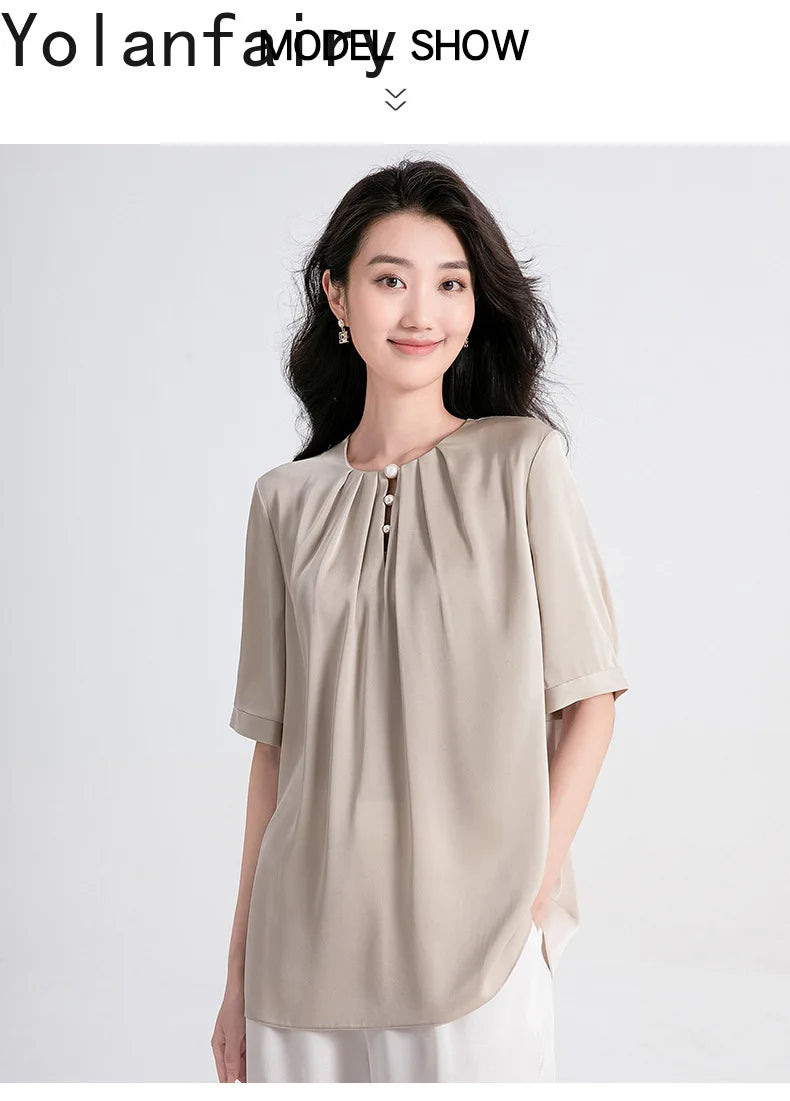 YOLANFAIRY 100% Natural Mulberry Silk T Shirts Woman Clothing 2026 Summer Loose Fashion T Shirt Elegant Womens Tops Short Sleeve