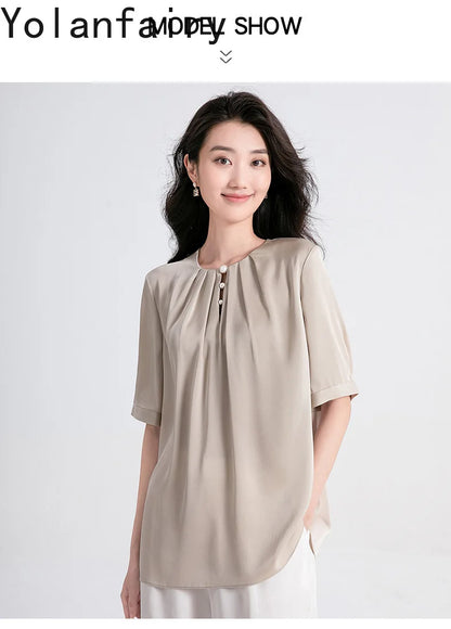 YOLANFAIRY 100% Natural Mulberry Silk T Shirts Woman Clothing 2026 Summer Loose Fashion T Shirt Elegant Womens Tops Short Sleeve