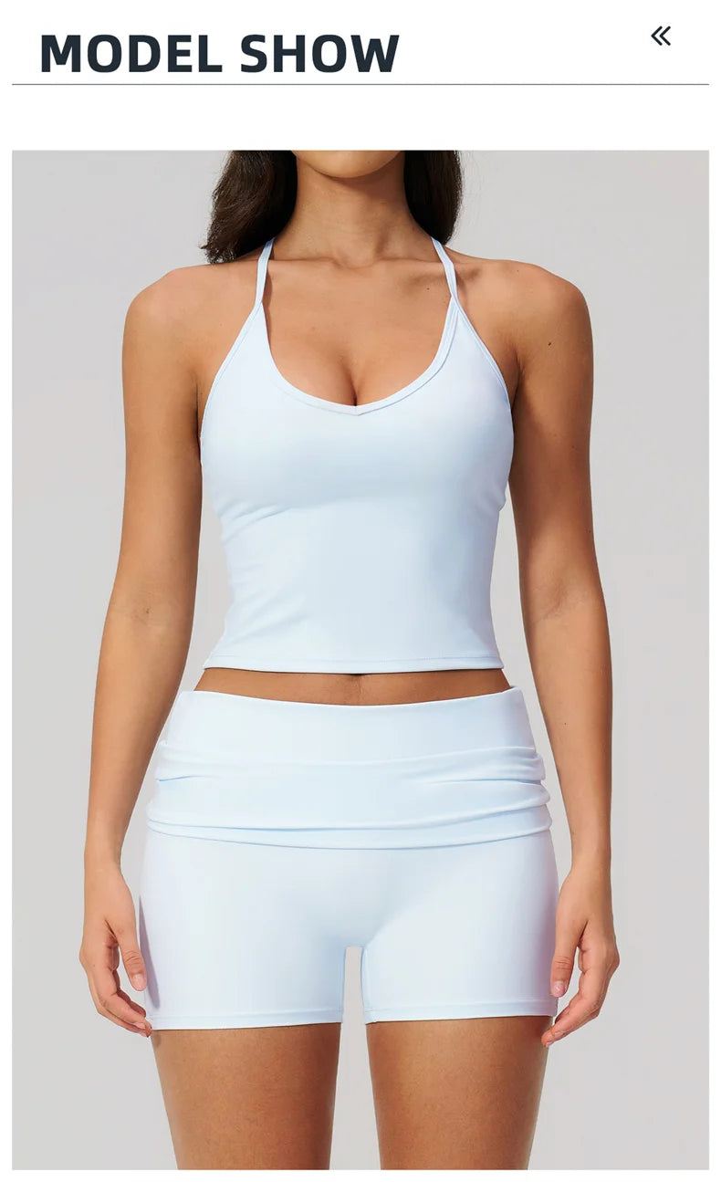 TRY TO BN Two Pieces Women's Tracksuit Vest Sling Top Set Fold-over Waist Yoga Shorts Hip Lifting Running Fitness Gym Activewear