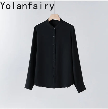 YOLANFAIRY 93% Natural Mulberry Silk Shirts Woman 2026 Stand Collar Long Sleeve Blouse Women Elegant White Shirt OL Ladies Tops