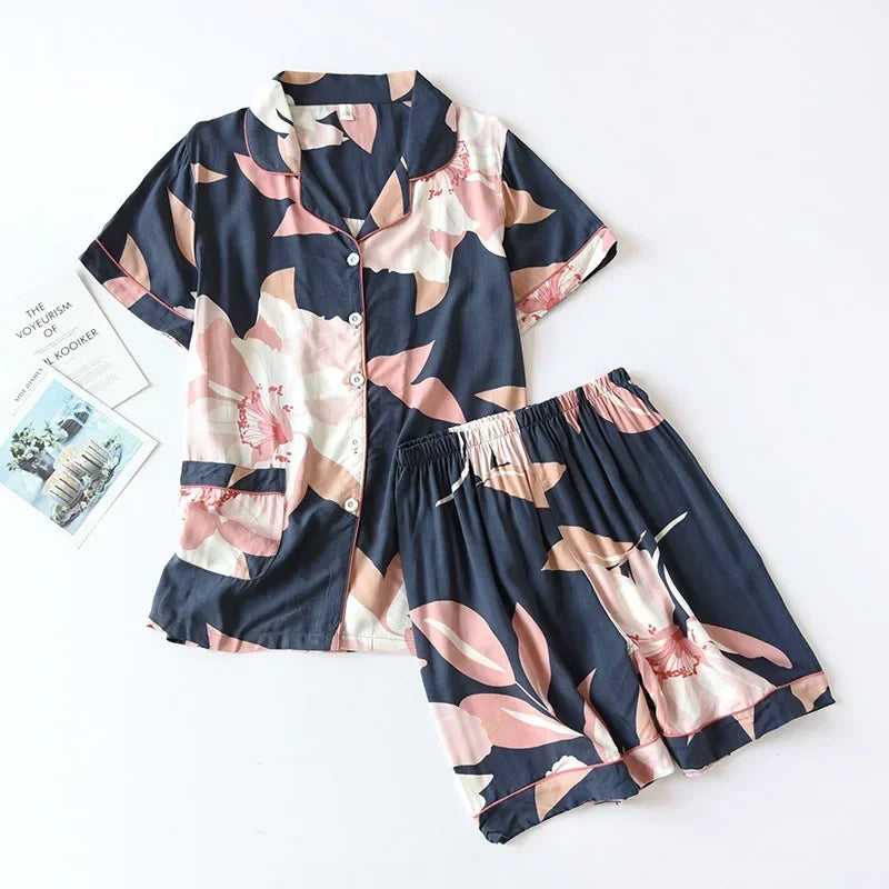 Summer new ladies 100%viscose pajama set short-sleeved shorts thin section home service loose large size two piece set plus size