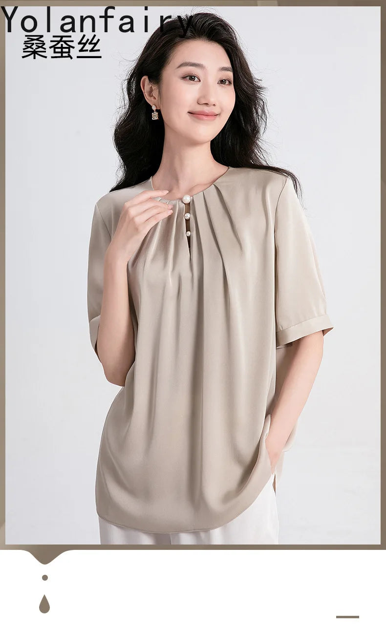 YOLANFAIRY 100% Natural Mulberry Silk T Shirts Woman Clothing 2026 Summer Loose Fashion T Shirt Elegant Womens Tops Short Sleeve