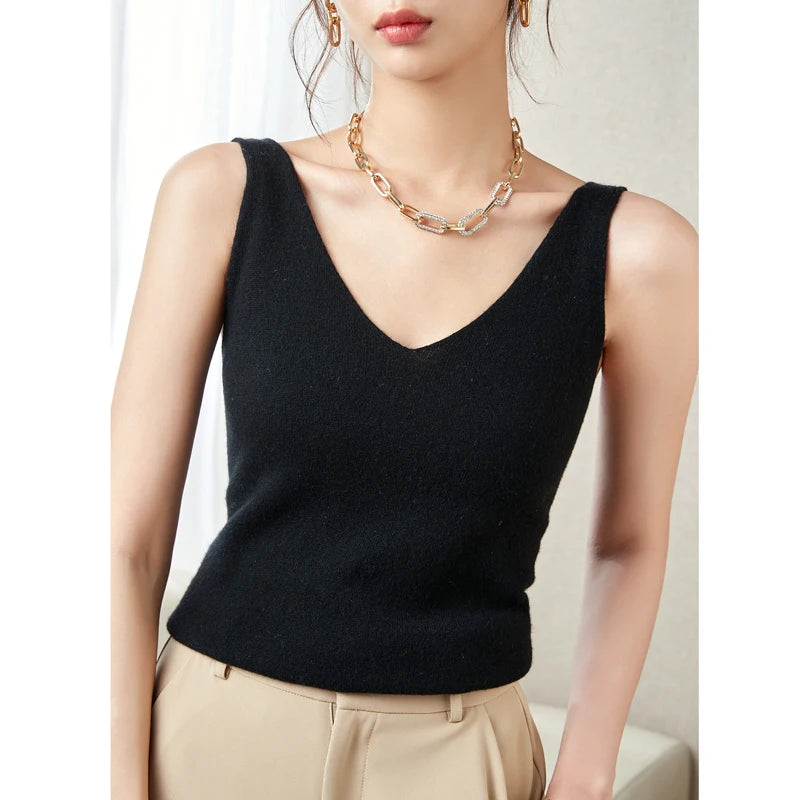 Women's Spring and Autumn 2026 New 100% Merino Wool V-Neck Pullover Knitted Suspender Casual Soft Inner Vest Women's Clothing