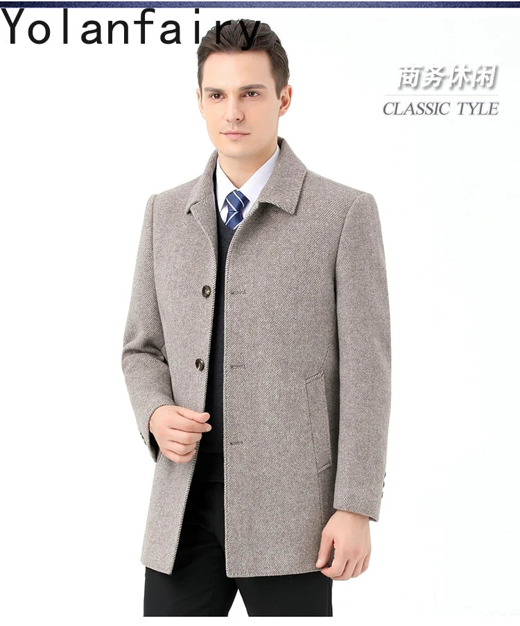 YOLANFAIRY 100% Cashmere Jacket for Men 2025 Autumn Winter Mid-length Wool Coats Man Clothing Casual Business Men's Woolen Coat