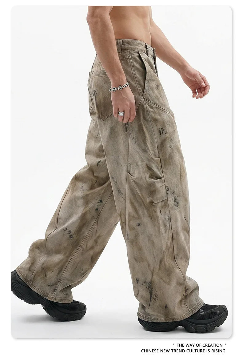 Custom LOGO men's 270G pure cotton high street retro casual pants scimitar denim texture mud yellow old loose wide-leg pants