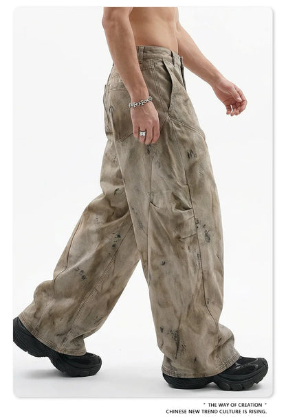 Custom LOGO men's 270G pure cotton high street retro casual pants scimitar denim texture mud yellow old loose wide-leg pants