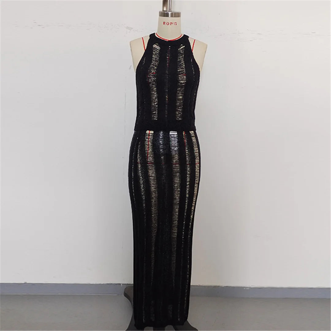 New Sleeveless Crochet Knitted 2 Pieces Suits Tunic Beach Cover Up Cover-ups Beach Dress Beach Wear Beachwear Female Women V6717