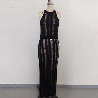 New Sleeveless Crochet Knitted 2 Pieces Suits Tunic Beach Cover Up Cover-ups Beach Dress Beach Wear Beachwear Female Women V6717